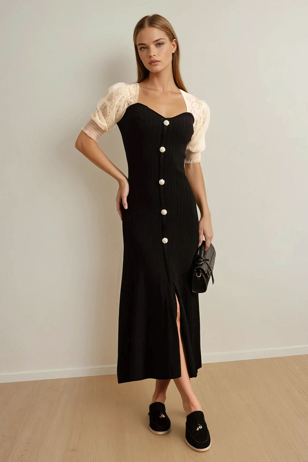 Midi Dress with Puff Sleeves and Decorative Front Buttons - Black