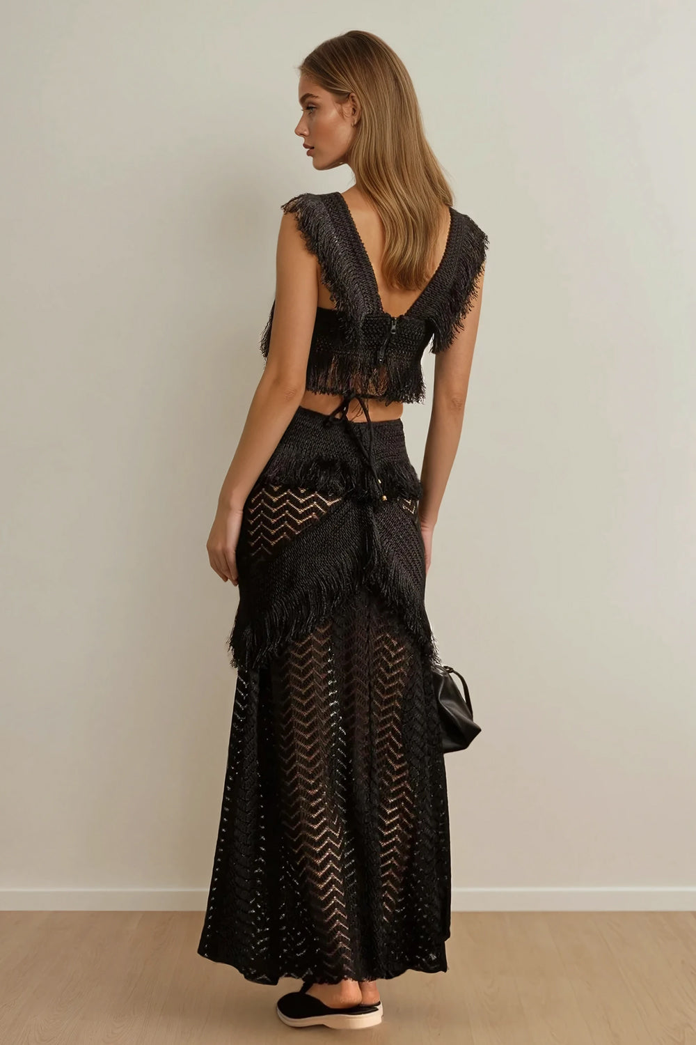 Two-Piece Set with Fringe Detail Crop Top and Wrap Skirt - Black