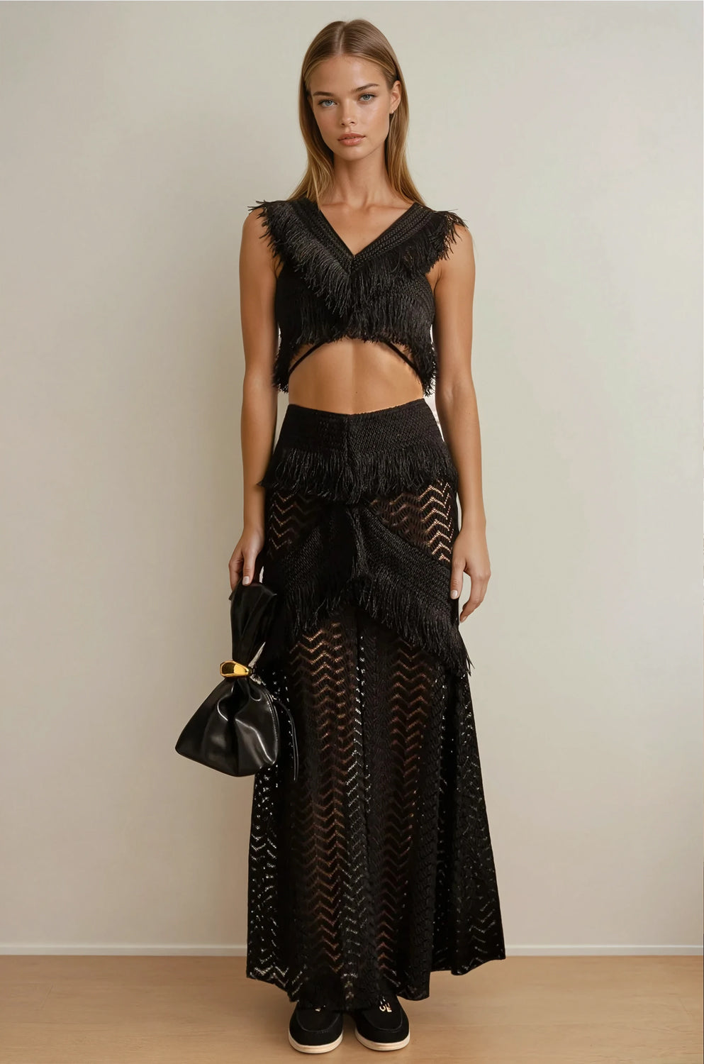 Two-Piece Set with Fringe Detail Crop Top and Wrap Skirt - Black
