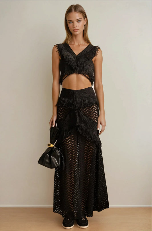 Two-Piece Set with Fringe Detail Crop Top and Wrap Skirt - Black