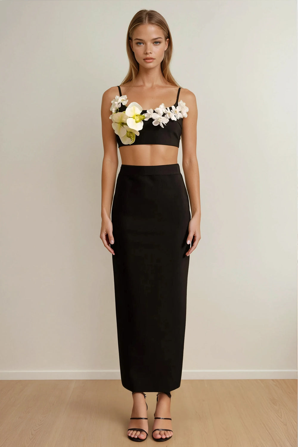 Two-Piece Set with Floral Strap Top and Fitted Maxi Skirt - Green