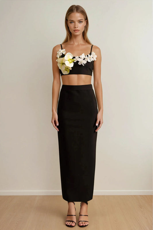 Two-Piece Set with Floral Strap Top and Fitted Maxi Skirt - Green