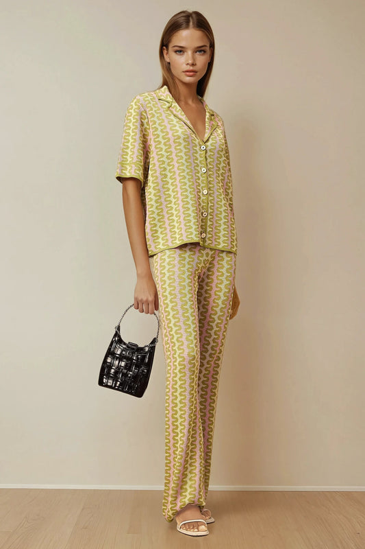 Two-Piece Set with Short Sleeve Button Top and Straight-Leg Pants - Green
