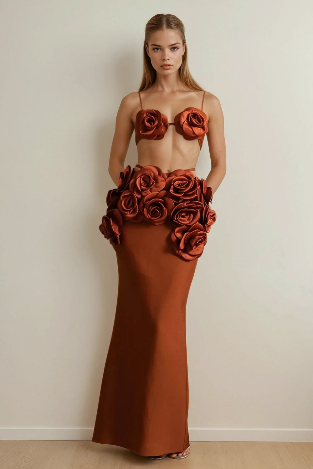 Two-Piece Set with 3D Floral Bra Top and Maxi Skirt - Brown