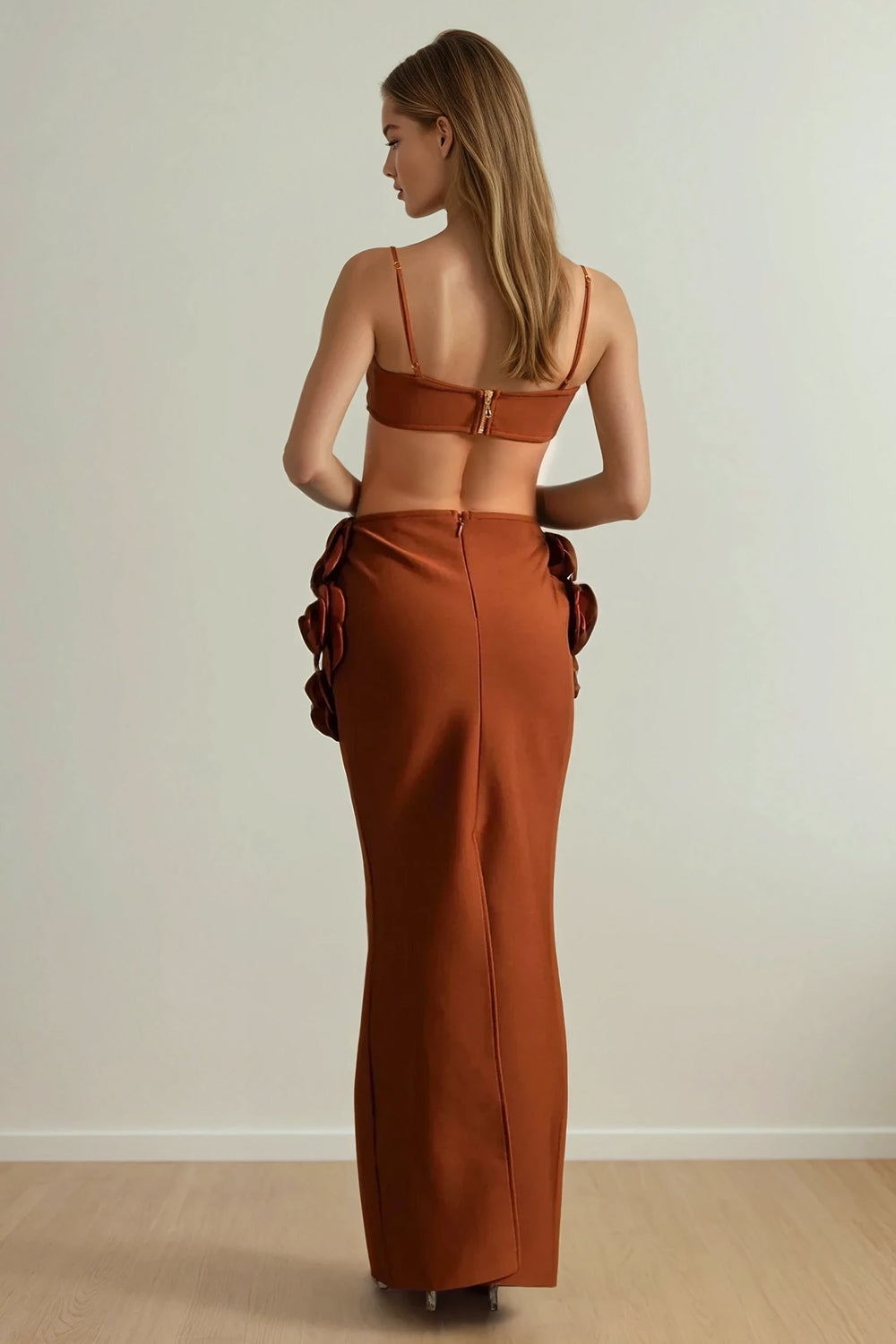 Two-Piece Set with 3D Floral Bra Top and Maxi Skirt - Brown