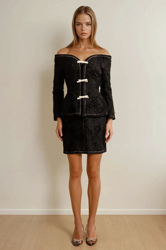 Two-Piece Set with Off-Shoulder Textured Top and Mini Skirt - Black