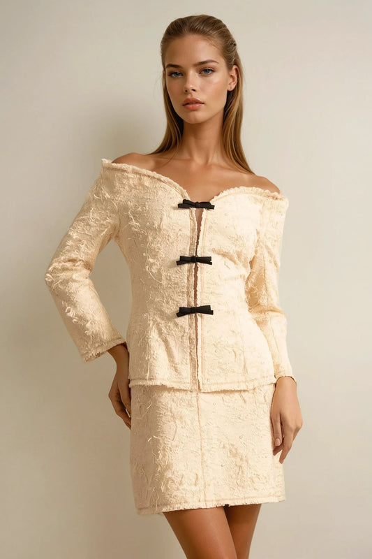 Two-Piece Set with Off-Shoulder Textured Top and Mini Skirt - White