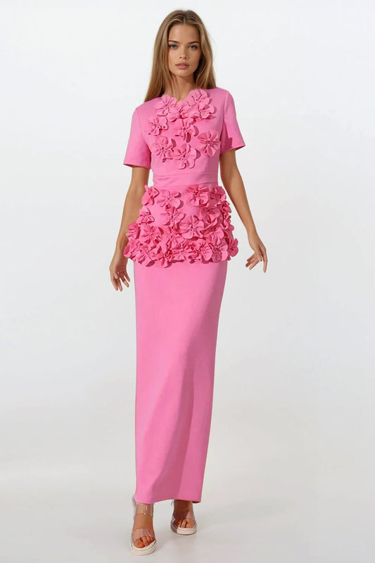 Short Sleeve Maxi Dress with 3D Floral Front Detailing - Pink