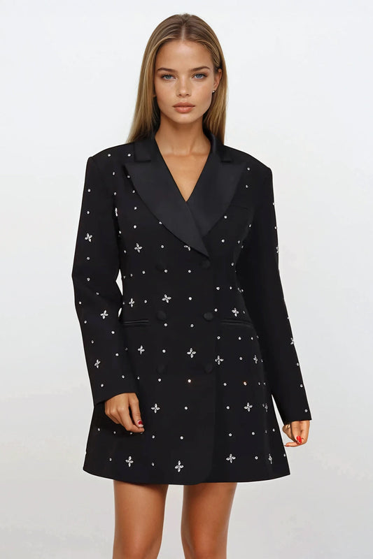 Blazer Style Mini Dress with Stud Details - Black