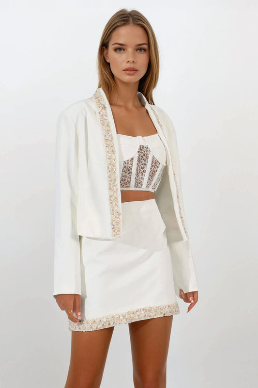 Three-Piece Set with Trimmed Jacket Corset Top and Mini Skirt - White