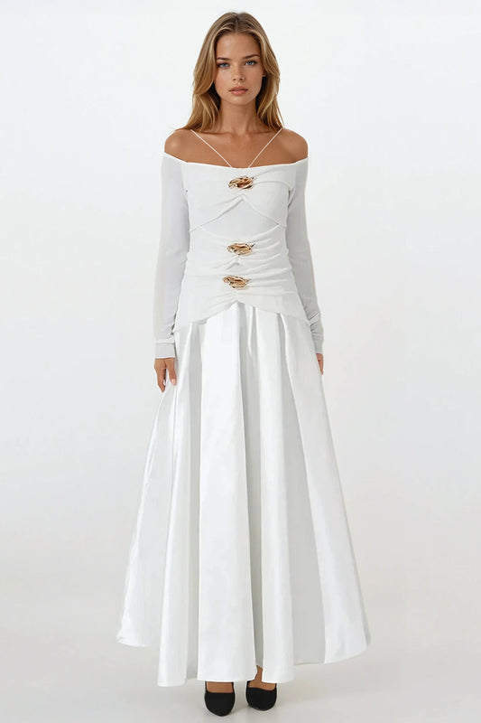Off-Shoulder Maxi Dress with Gold Accents and Flared Skirt - White
