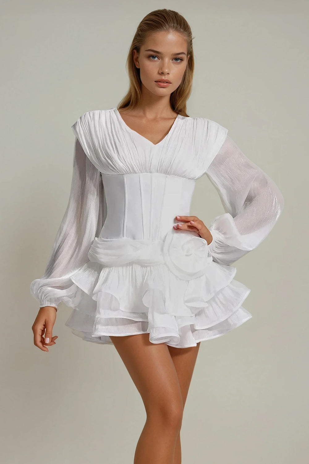Mini Dress with Draped Accent and Ruffle Skirt - White
