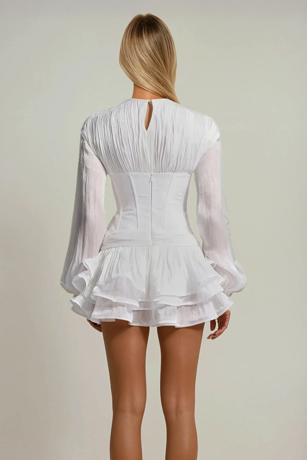 Mini Dress with Draped Accent and Ruffle Skirt - White