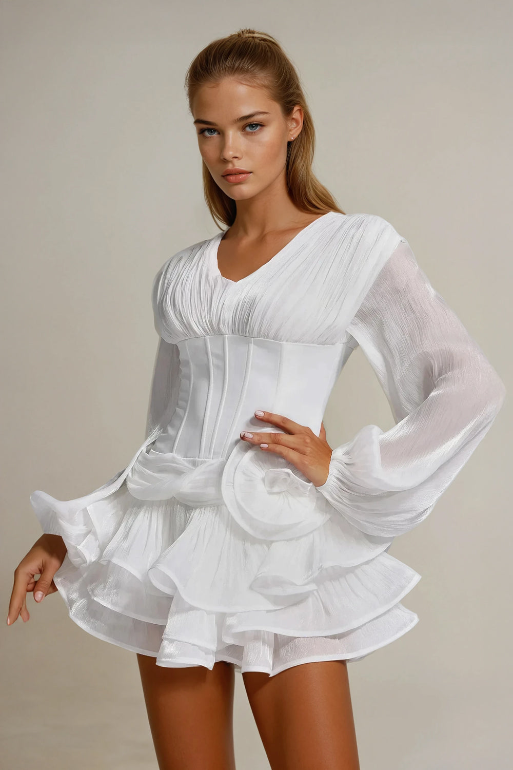 Mini Dress with Draped Accent and Ruffle Skirt - White