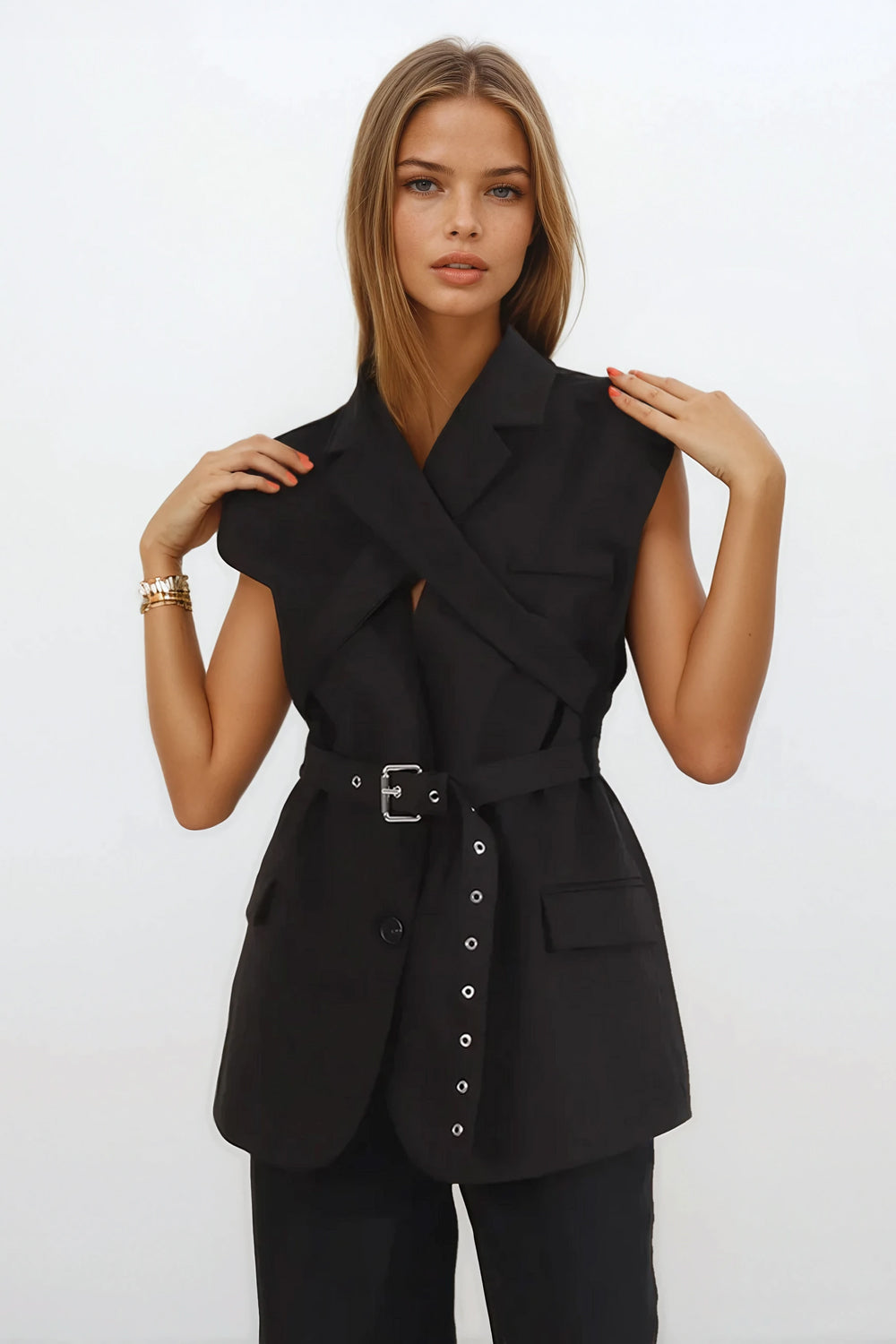 Sleeveless Belted Blazer with Cross Front Detail - Black