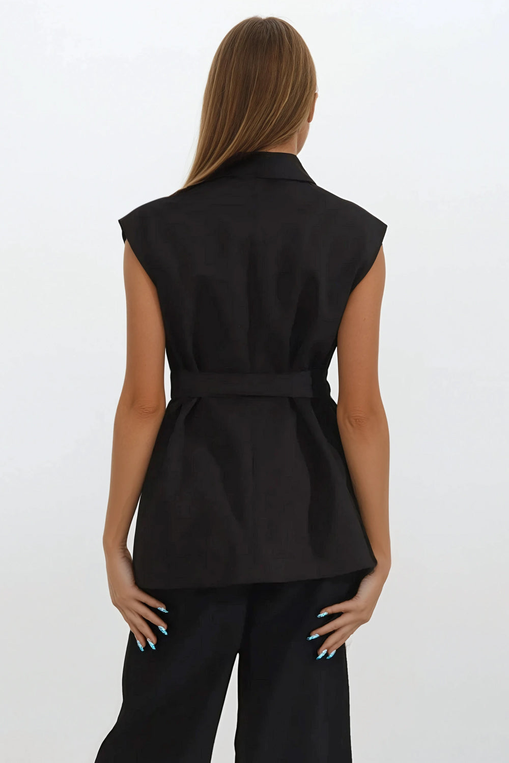Sleeveless Belted Blazer with Cross Front Detail - Black