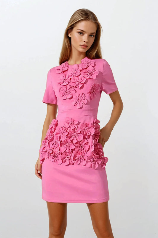 Mini Dress with 3D Floral Detail - Pink