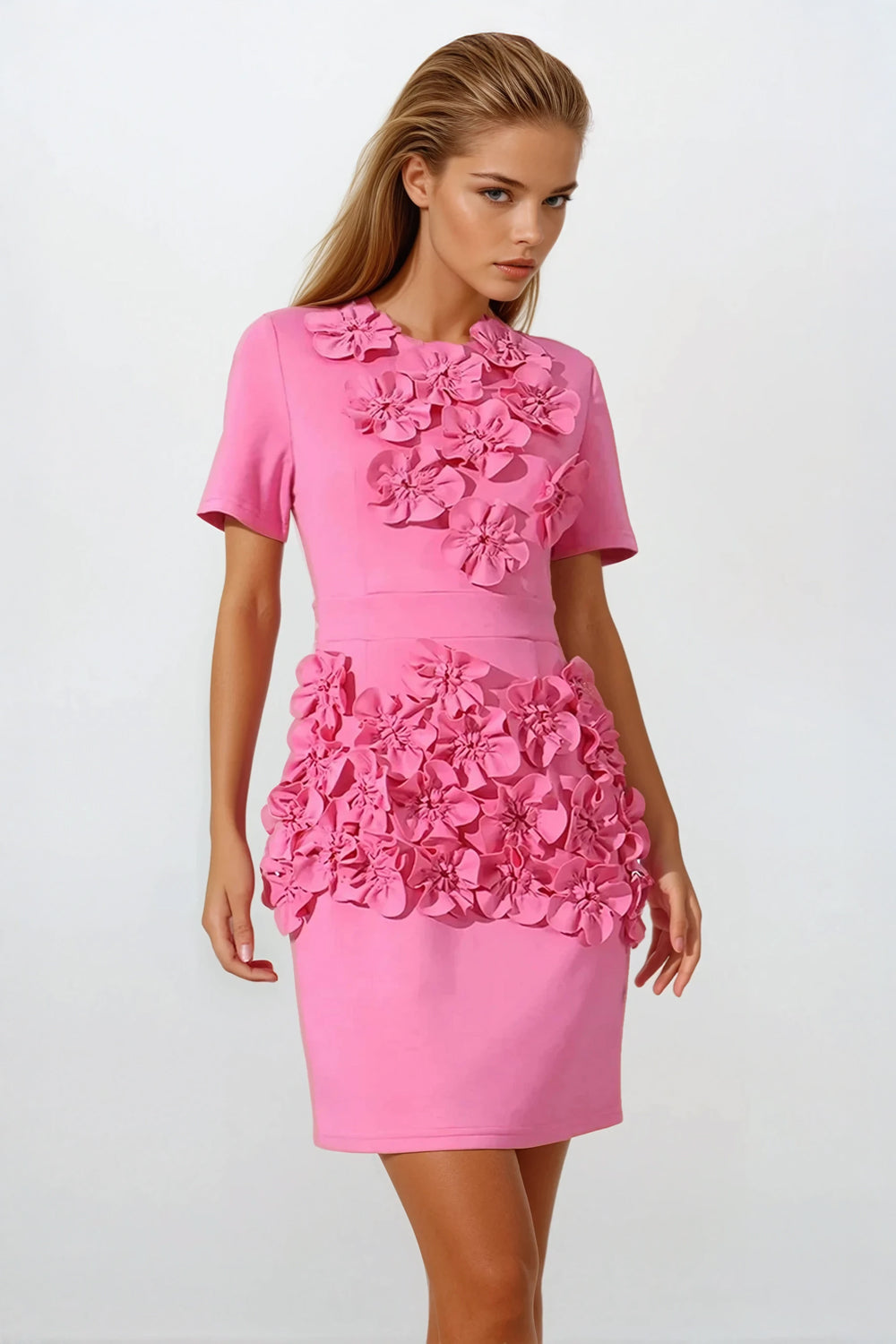 Mini Dress with 3D Floral Detail - Pink