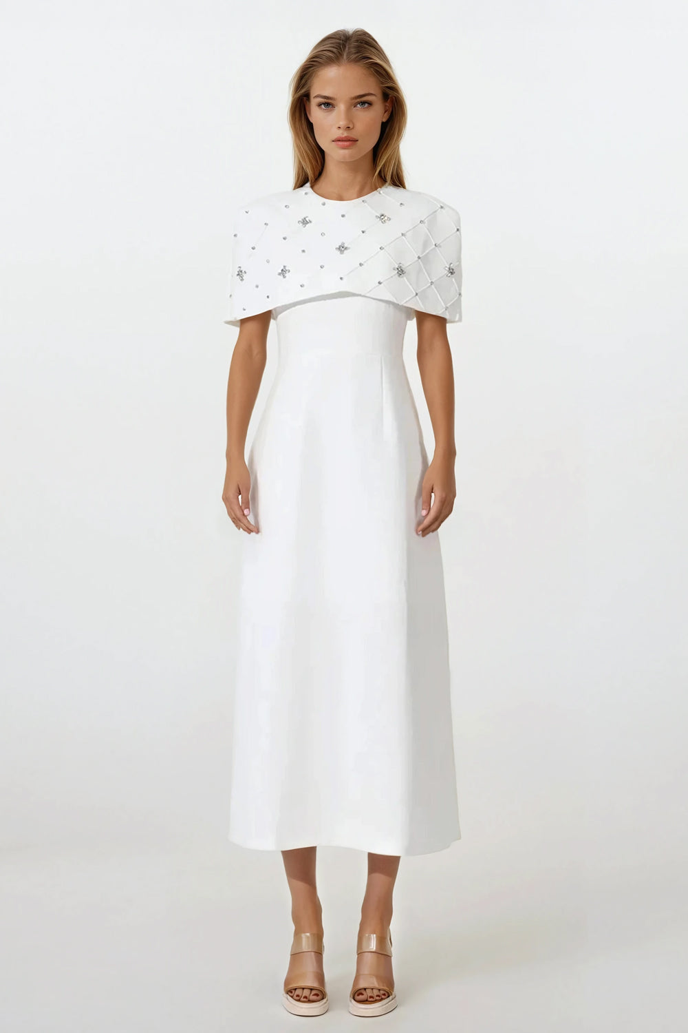 Midi Dress with Embellished Cape Detail - White