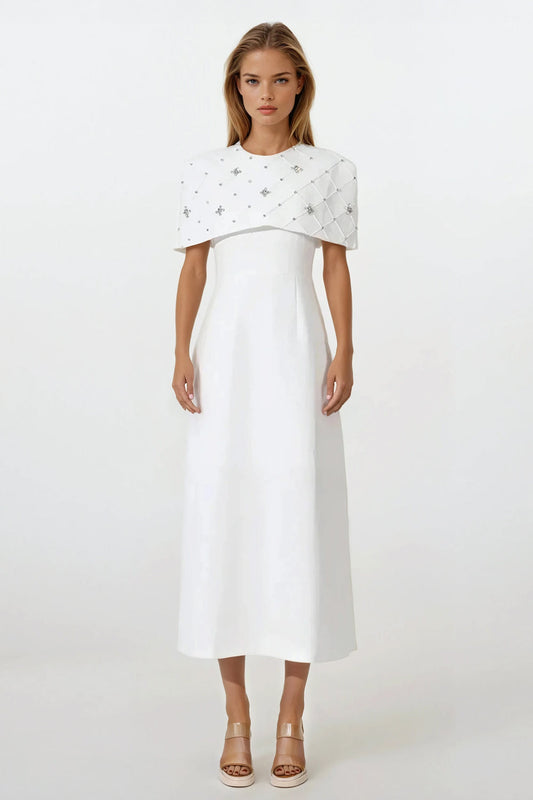 Midi Dress with Embellished Cape Detail - White