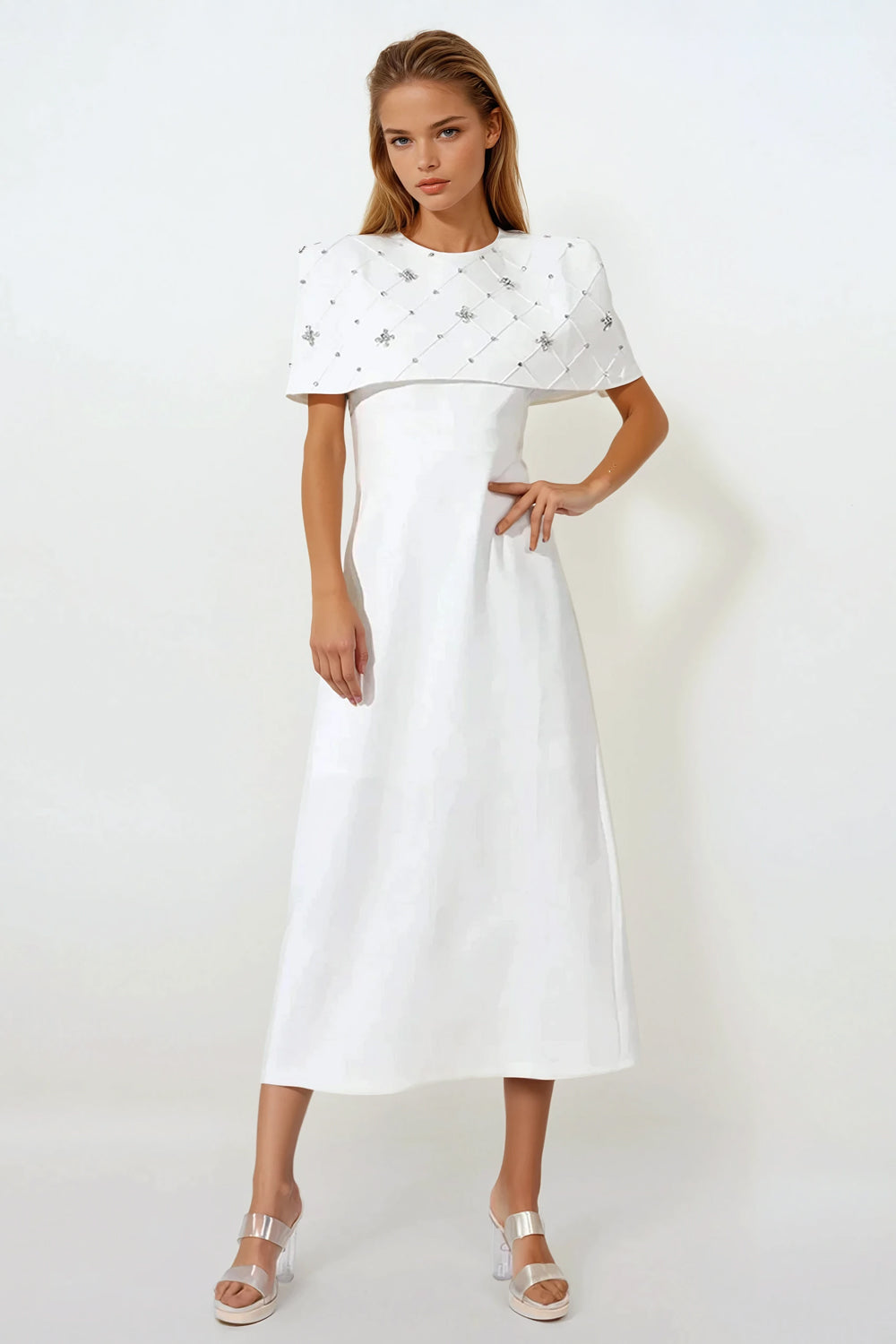 Midi Dress with Embellished Cape Detail - White
