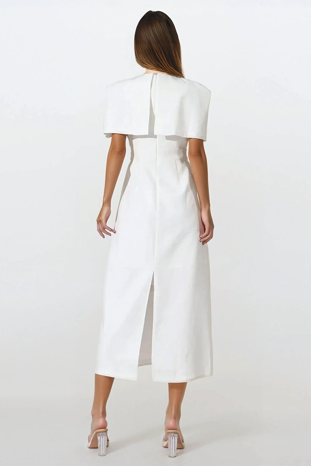 Midi Dress with Embellished Cape Detail - White