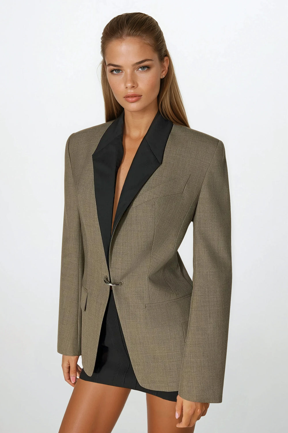 Blazer with Contrast Lapel and Hook Closure - Green