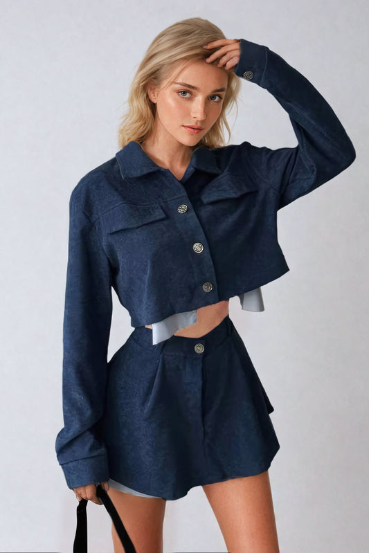 Two-Piece Set with Cropped Shirt and Layered Skirt - Blue