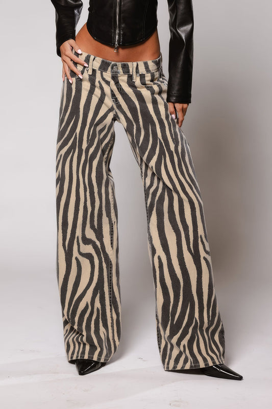 Zebra Print Wide-Leg Jeans - Brown