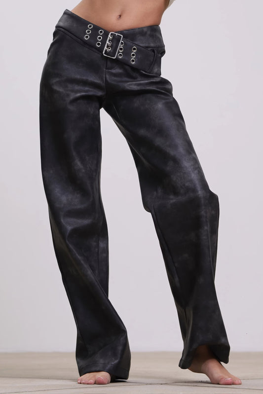 Low-Waist Leather Trousers with Belted Waist Detail - Black