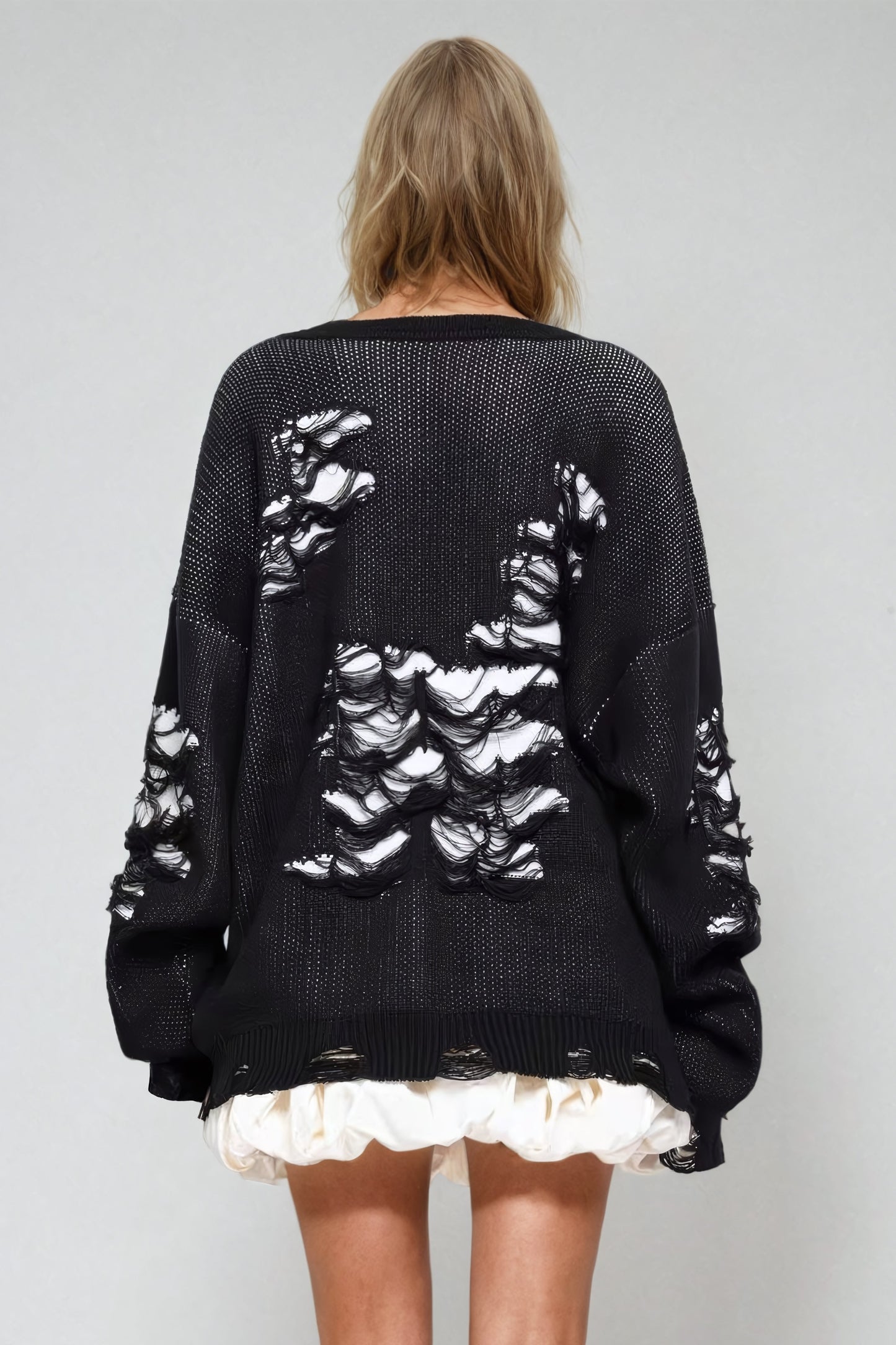 Distressed Knit Sweater with Underlay Detail - Black