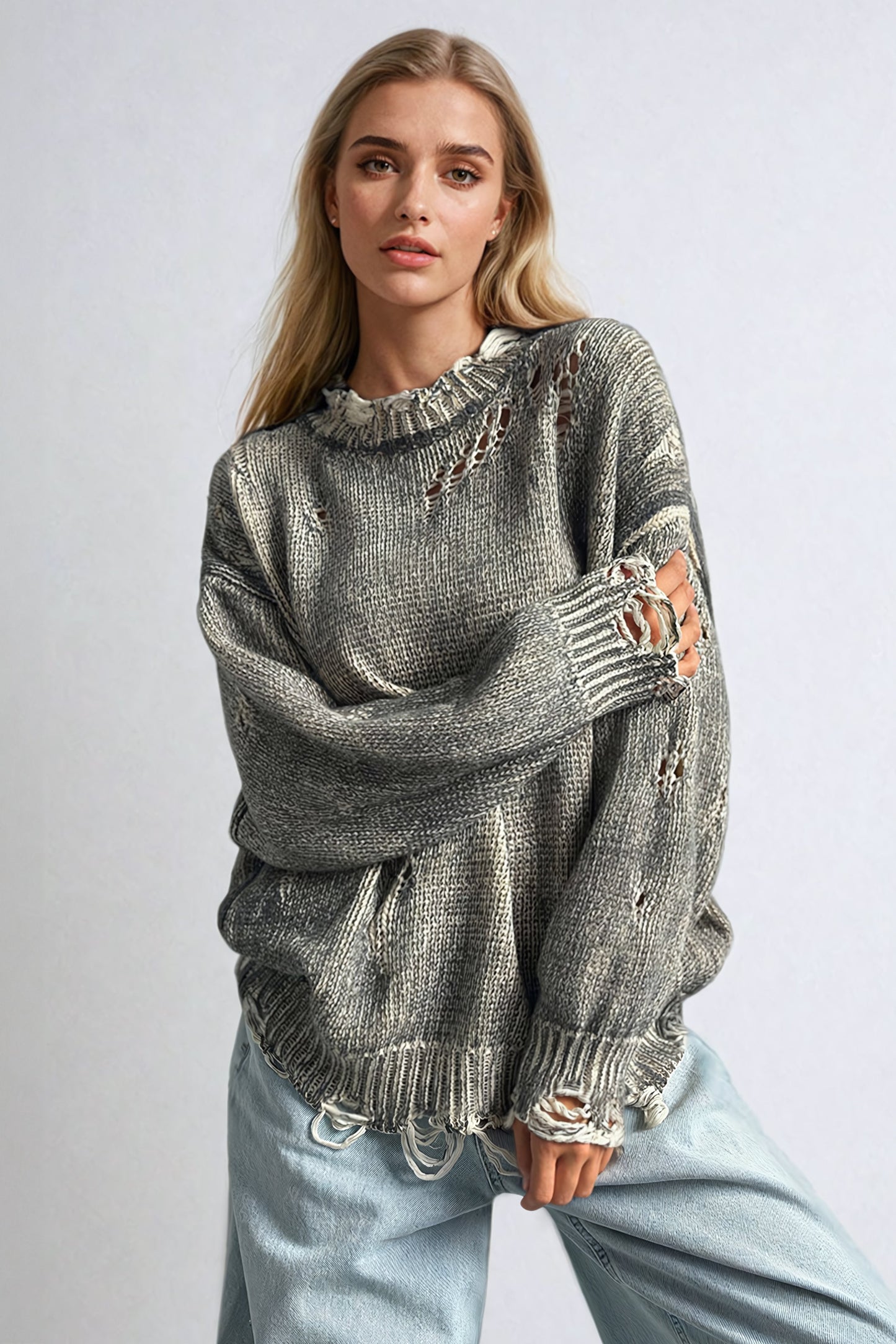 Oversized Distressed Knit Sweater with Frayed Hem - Gray