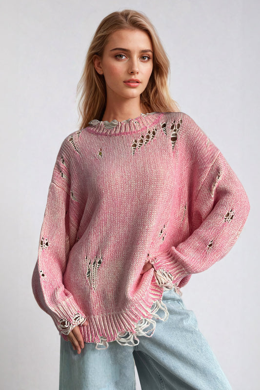Oversized Distressed Knit Sweater with Frayed Hem - Pink
