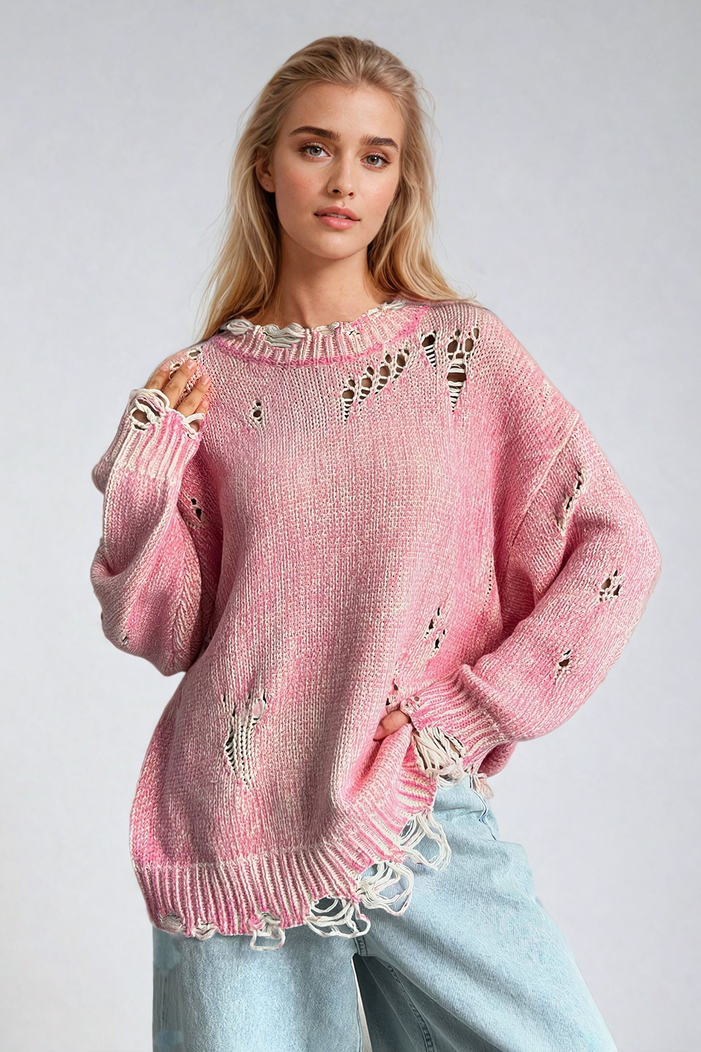 Oversized Distressed Knit Sweater with Frayed Hem - Pink