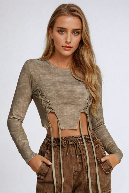 Long-Sleeve Cropped Lace-Up Detail Top - Brown