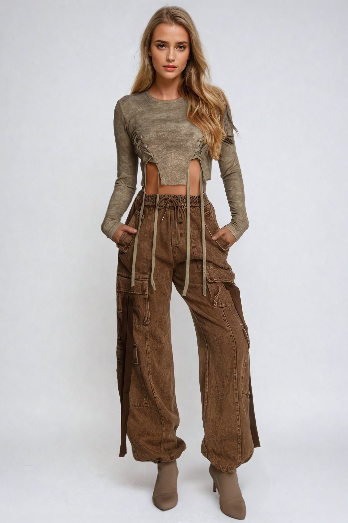 Long-Sleeve Cropped Lace-Up Detail Top - Brown