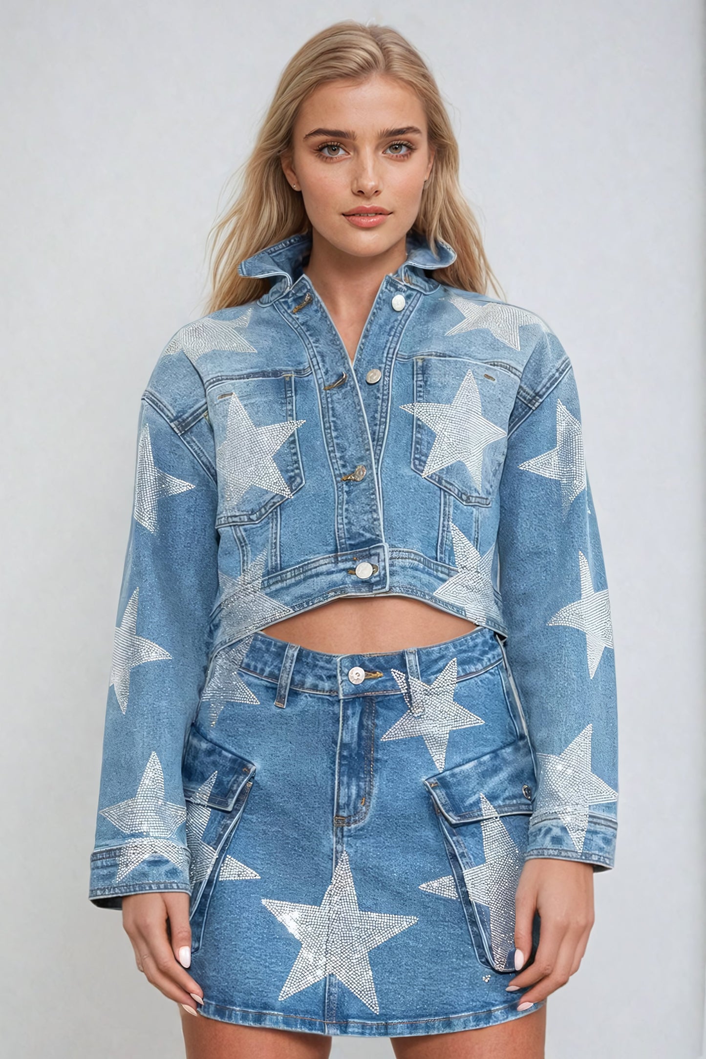 Two-Piece Set with Star Embellished Denim Jacket and Skirt - Blue