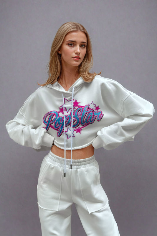 Two-Piece Set with Cropped Graphic Hoodie and Cargo Pocket Sweatpants - White