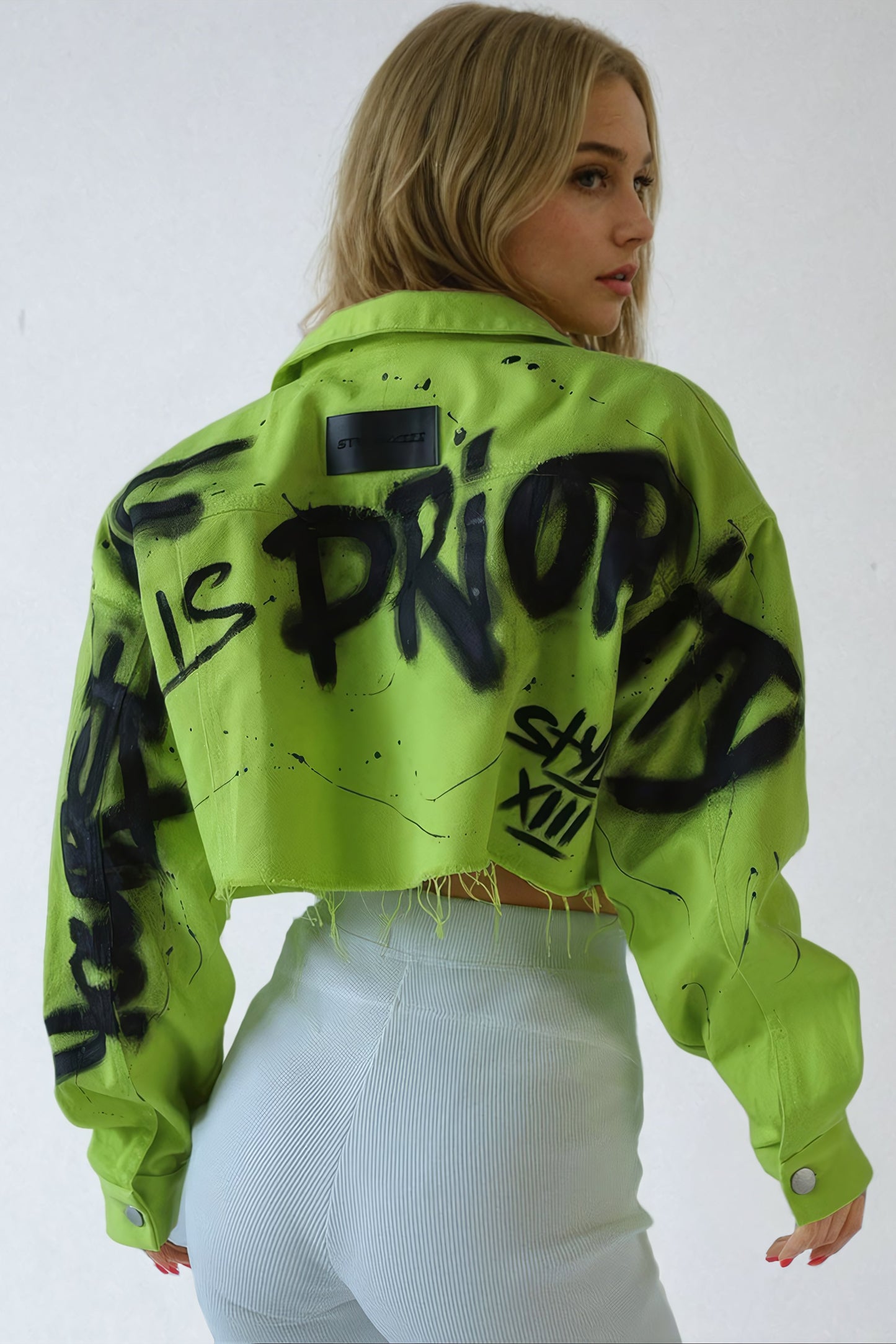 Graffiti Print Cropped Jacket with Raw Hem - Green