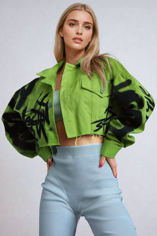 Graffiti Print Cropped Jacket with Raw Hem - Green