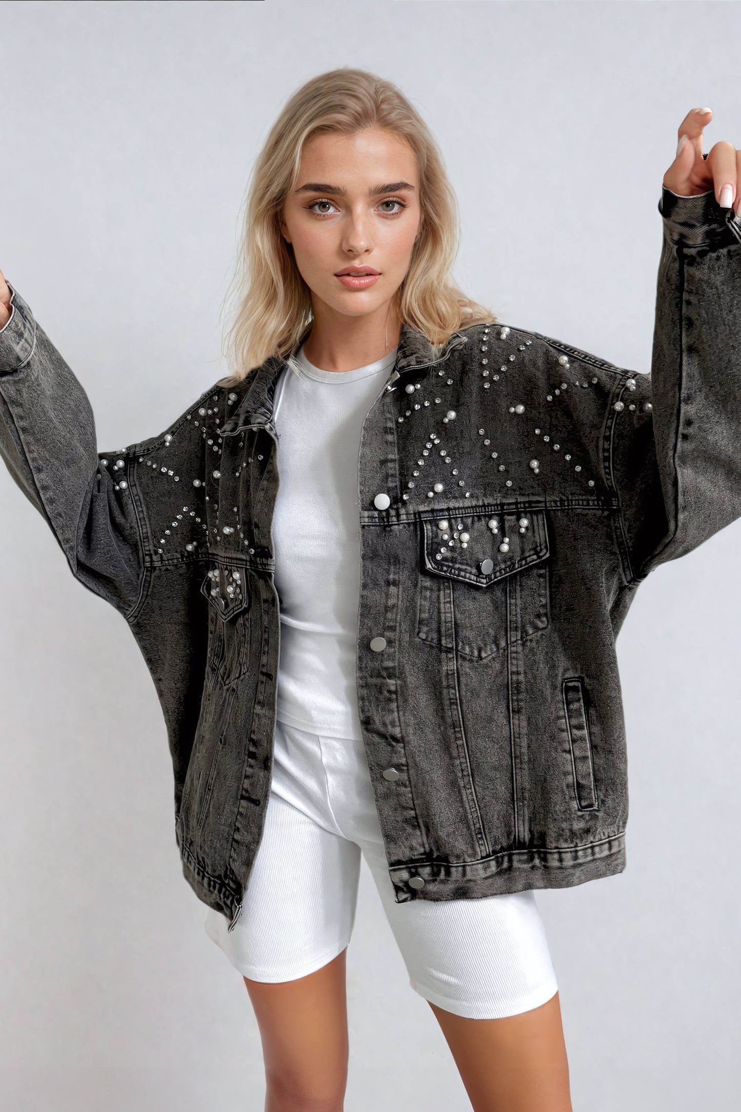 Oversized Embellished Denim Jacket - Gray