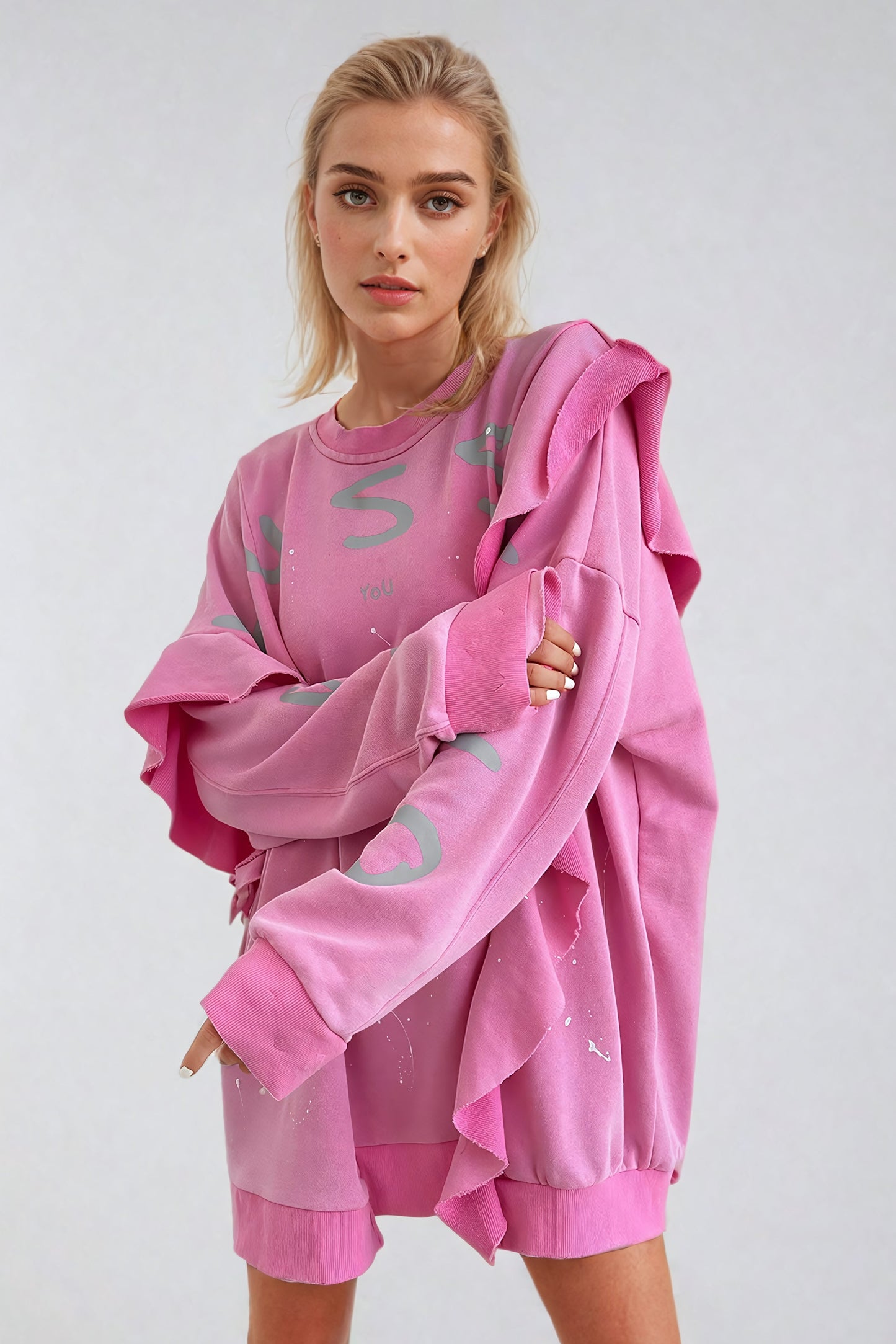 Oversized Sweater-Style Mini Dress with Ruffle Detailing - Pink