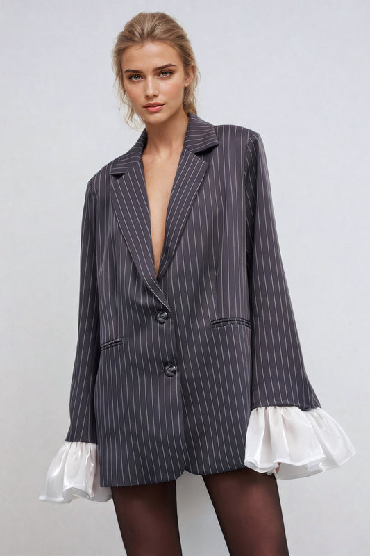 Pinstripe Oversized Blazer with Layered Cuff Detail - Gray