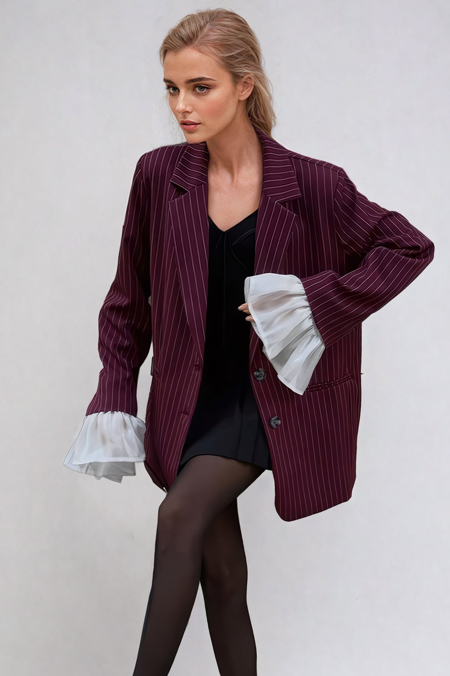 Pinstripe Oversized Blazer with Layered Cuff Detail - Maroon