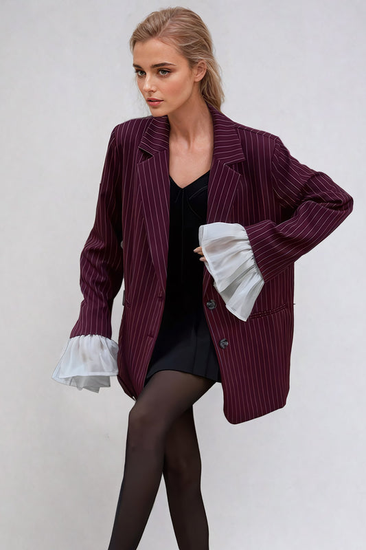 Pinstripe Oversized Blazer with Layered Cuff Detail - Maroon