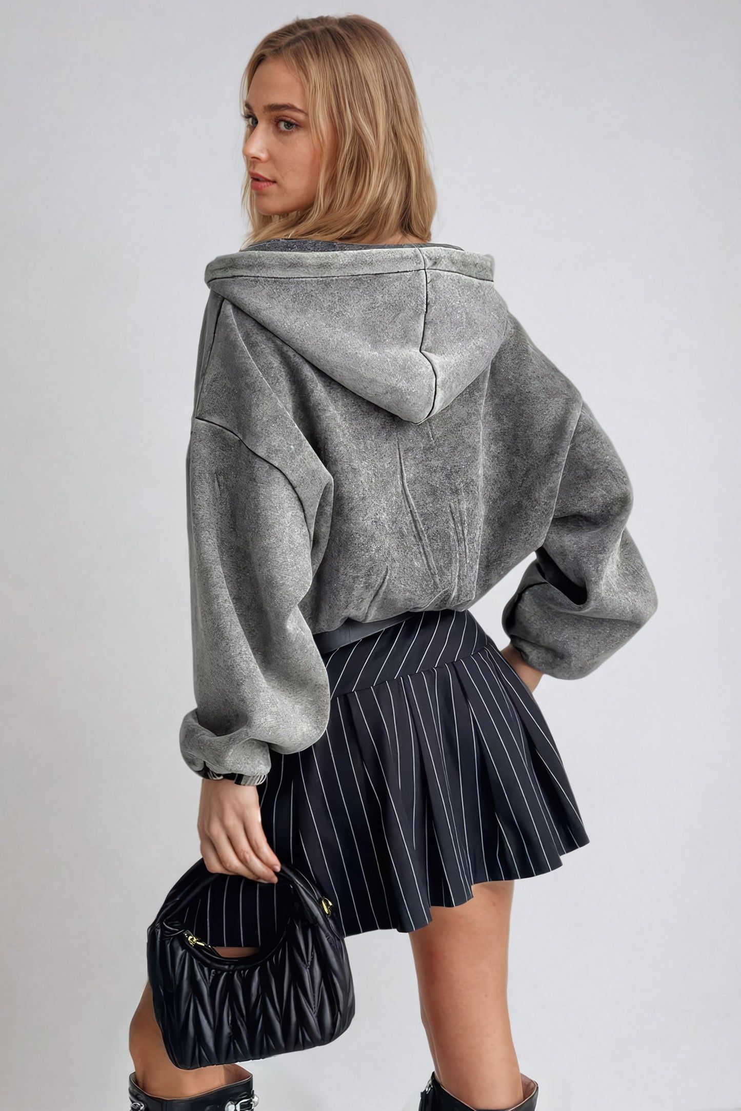 Cropped Hooded Zip-Up Jacket - Dark Gray