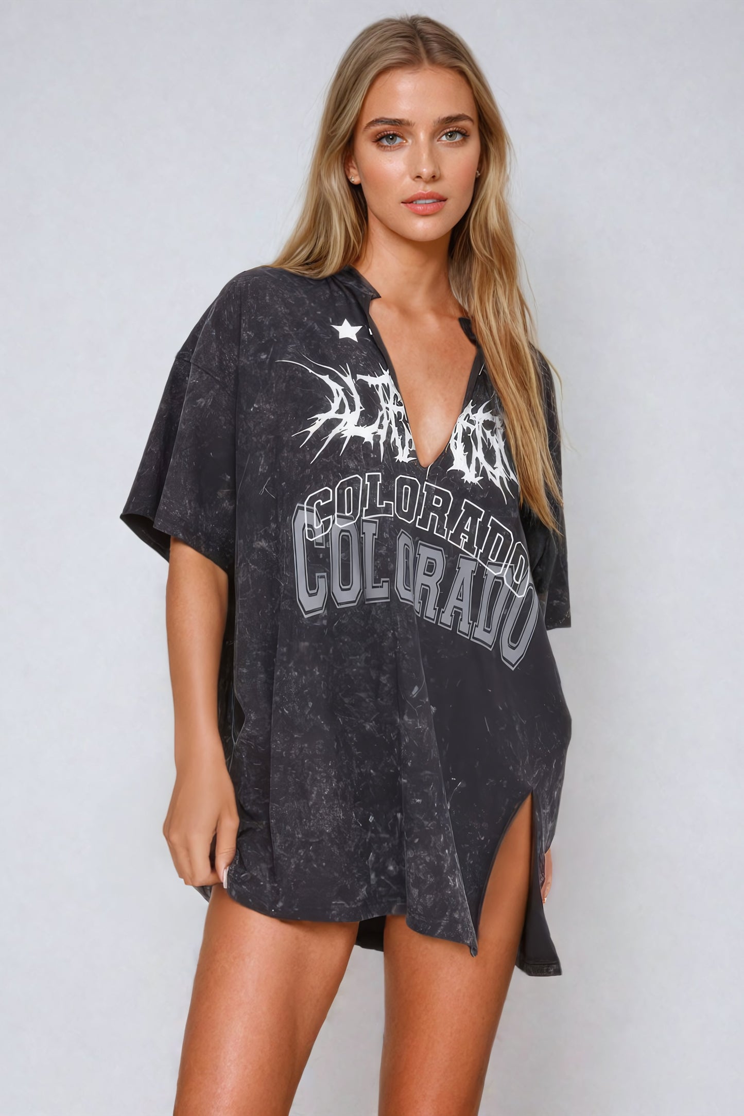 Oversized Graphic T-Shirt with V-Cut Neckline - Black