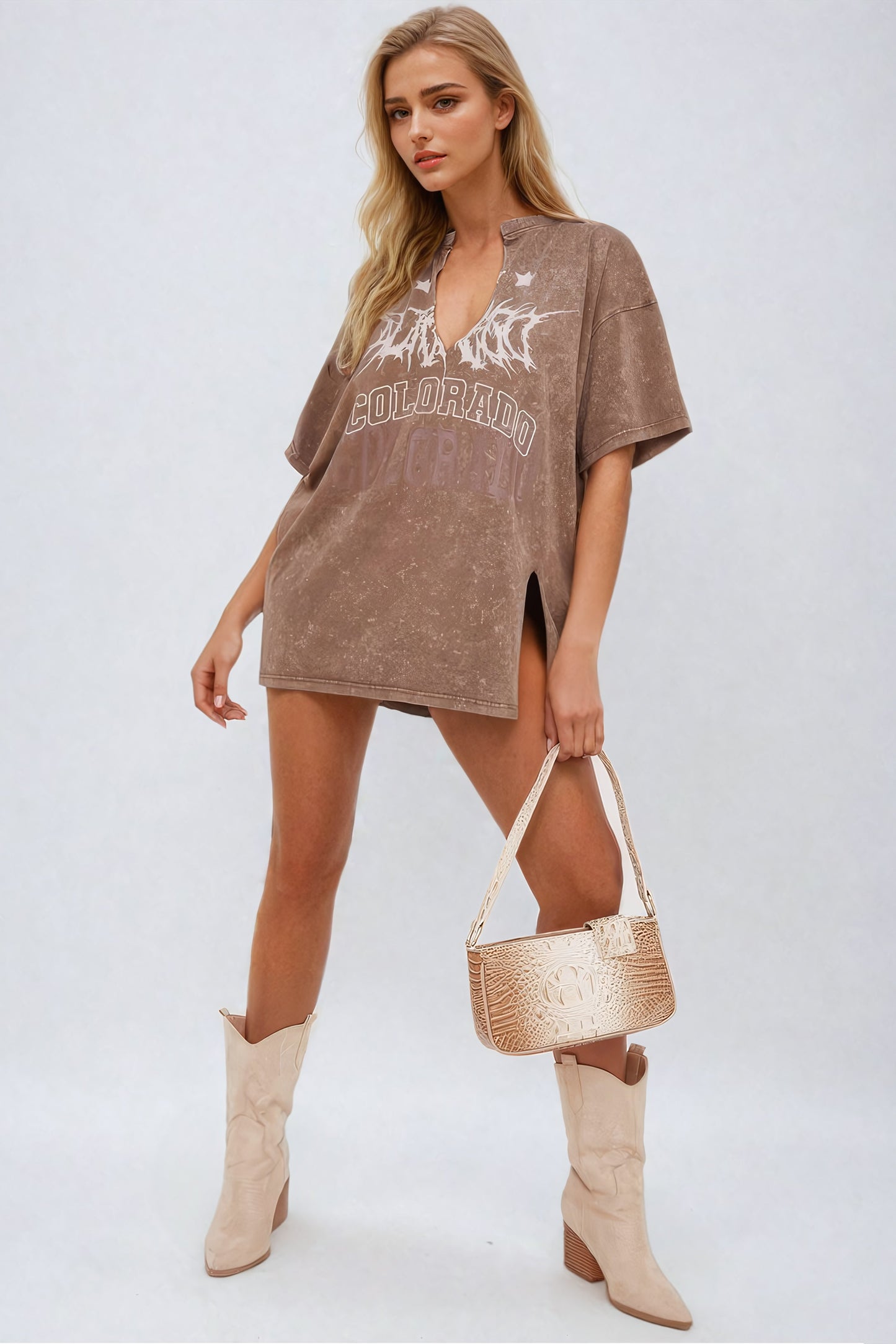 Oversized Graphic T-Shirt with V-Cut Neckline - Brown