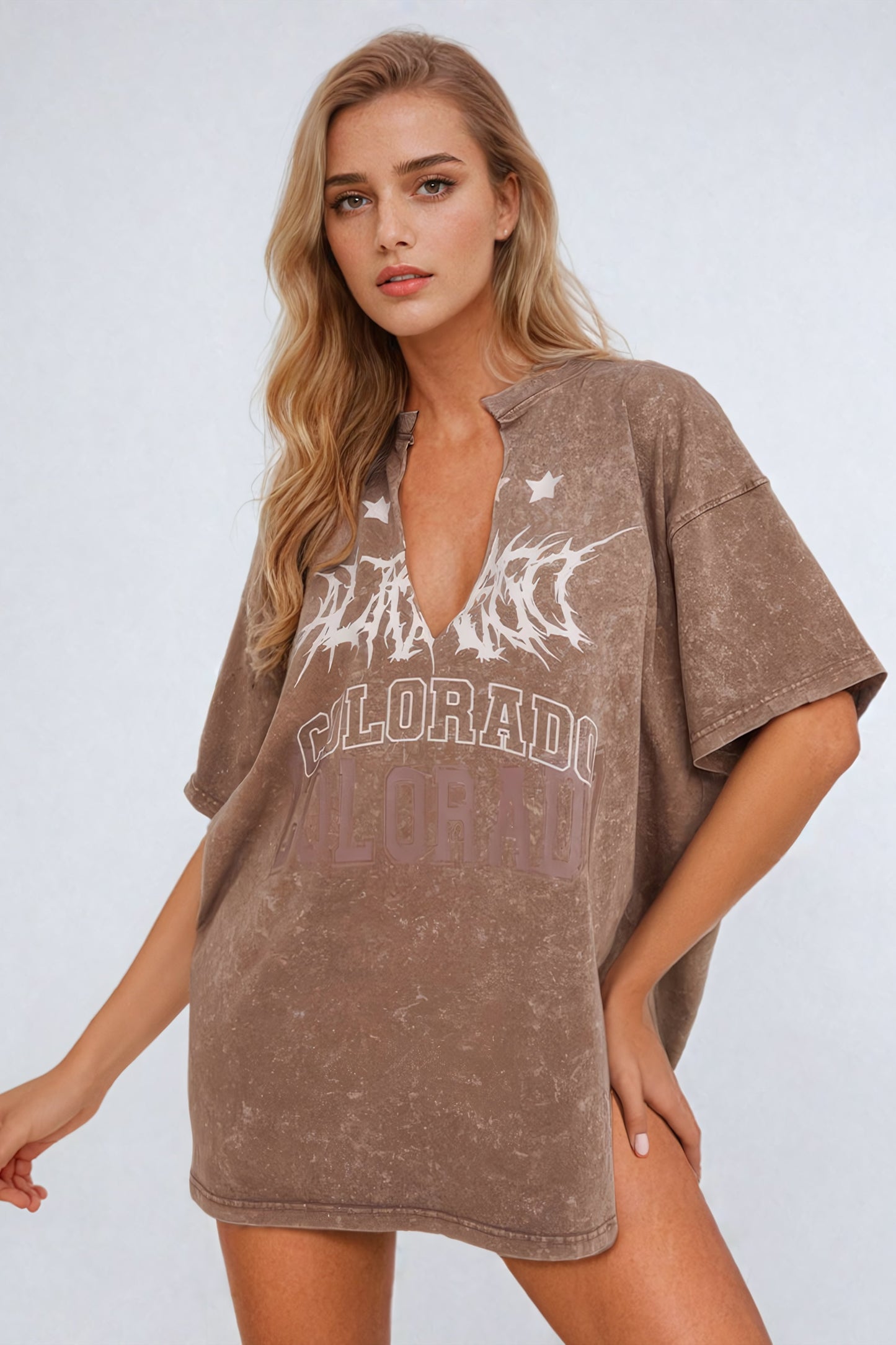 Oversized Graphic T-Shirt with V-Cut Neckline - Brown