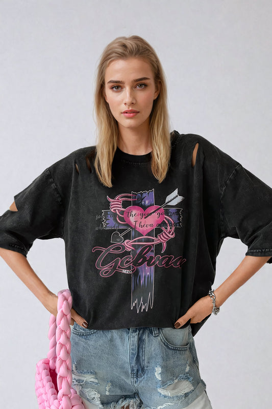 Distressed Graphic Print T-Shirt with Cut-Out Details - Black